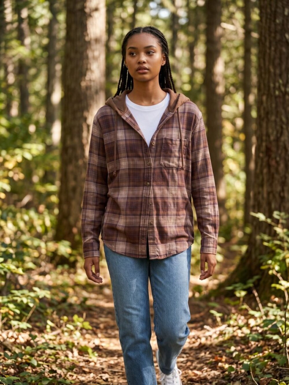 American Eagle Outfitters Brown Plaid Button-Down Hooded Shirt